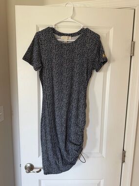 Michael Kors Black and White Dotted Ruched Midi Dress